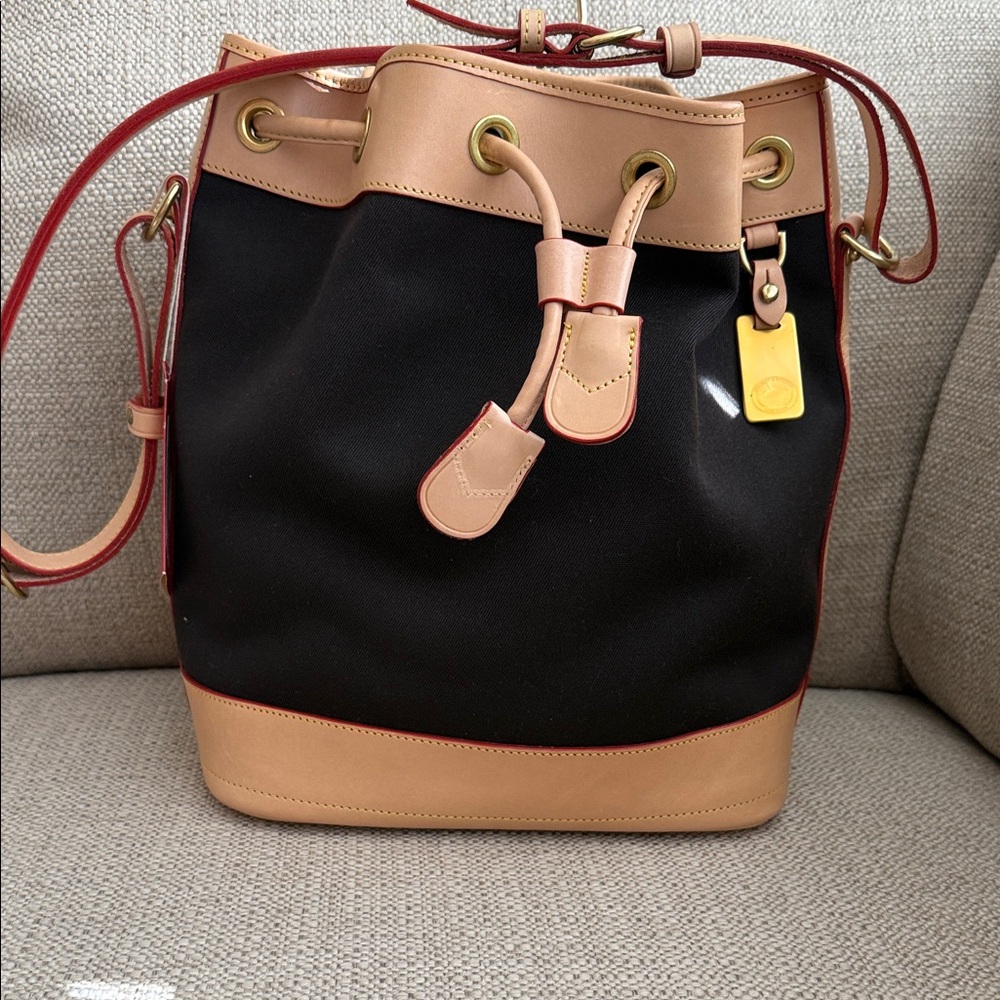 Dooney and Bourke Cabriolet Canvas Leather Large Drawstring Bucket Bag Brown